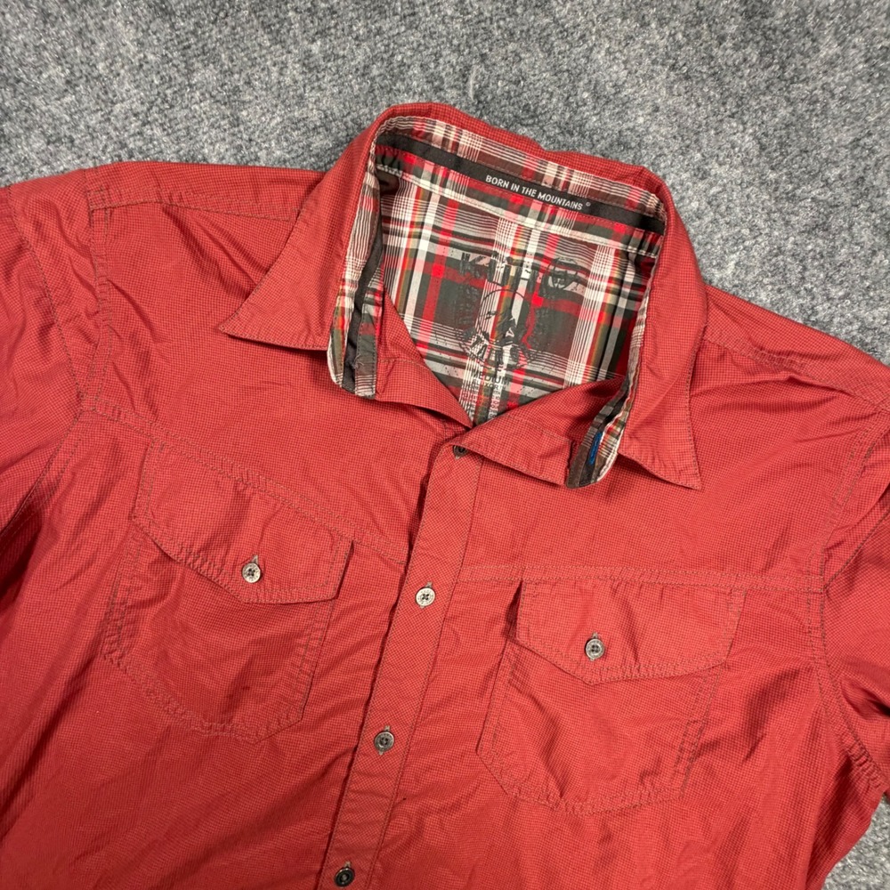 Kuhl Eluxor Mens Medium Red Micro Check S/S Button Down Hiking Shirt 0693